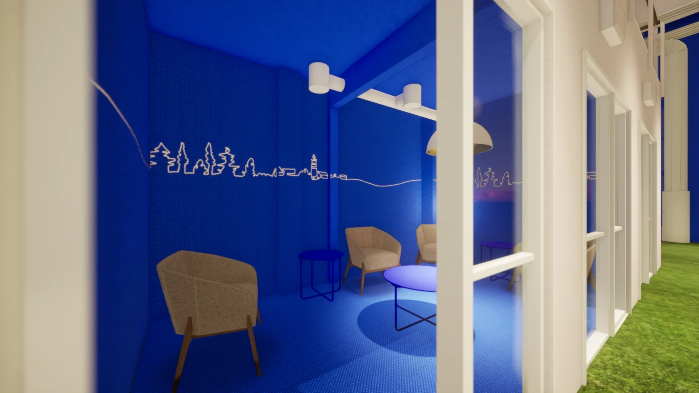 Cabine de reunião informal revestida em feltro azul, com um skyline desenhado na parede