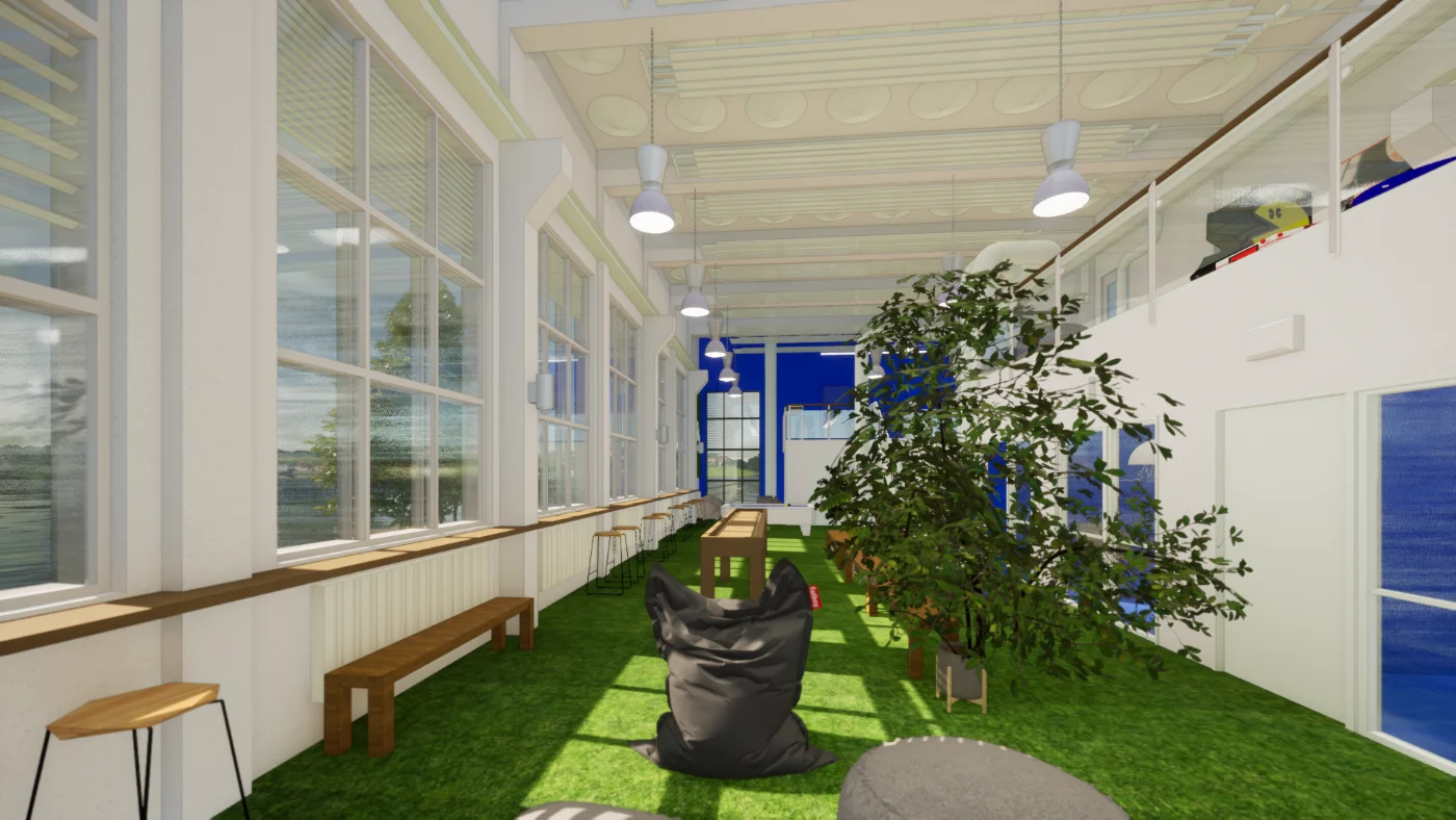 Área de estar informal junto às janelas, com bancos de madeira, pufes e vegetação