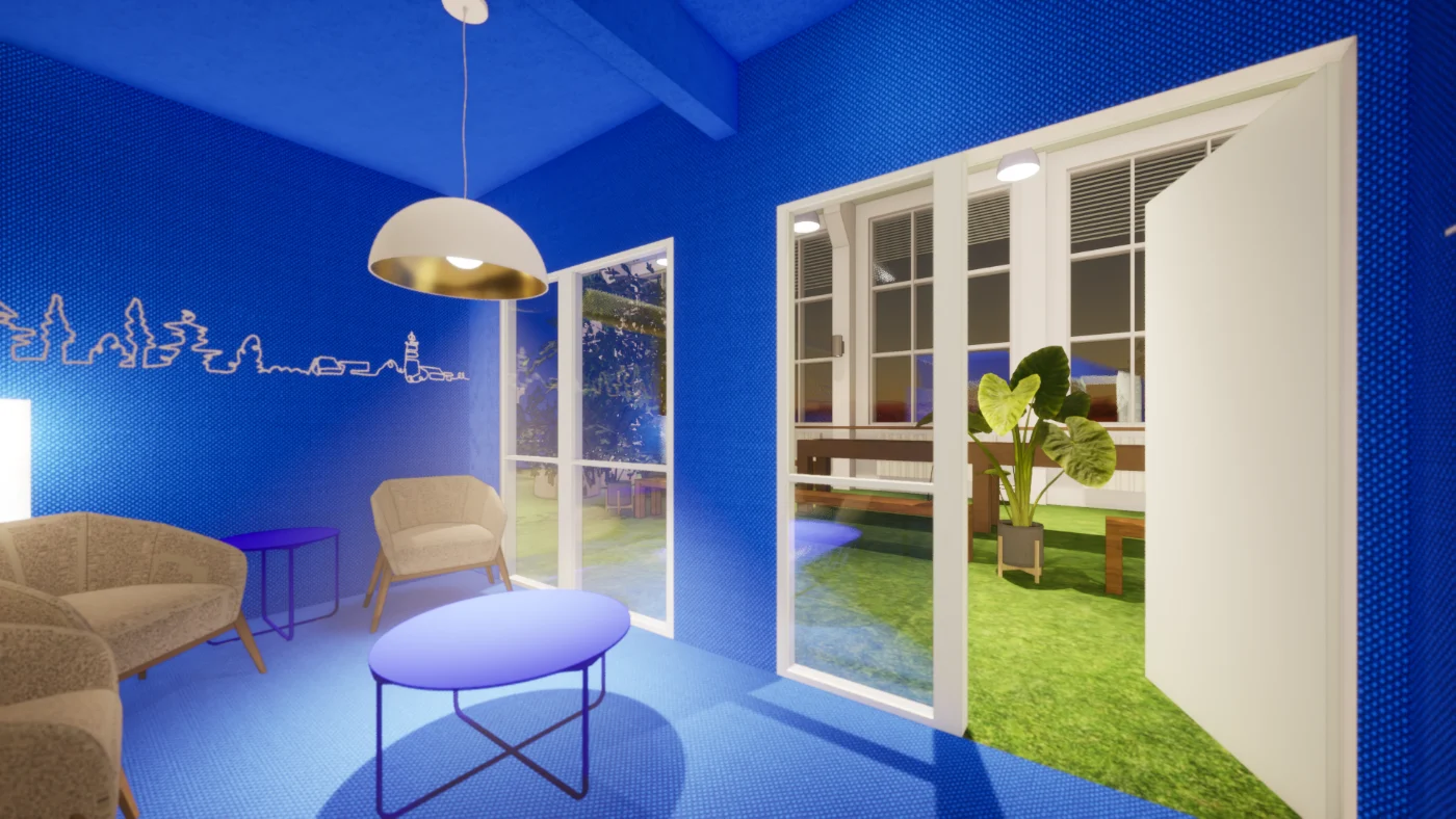 Sala de estar azul com poltronas, mesas de centro e abertura para a área de grama