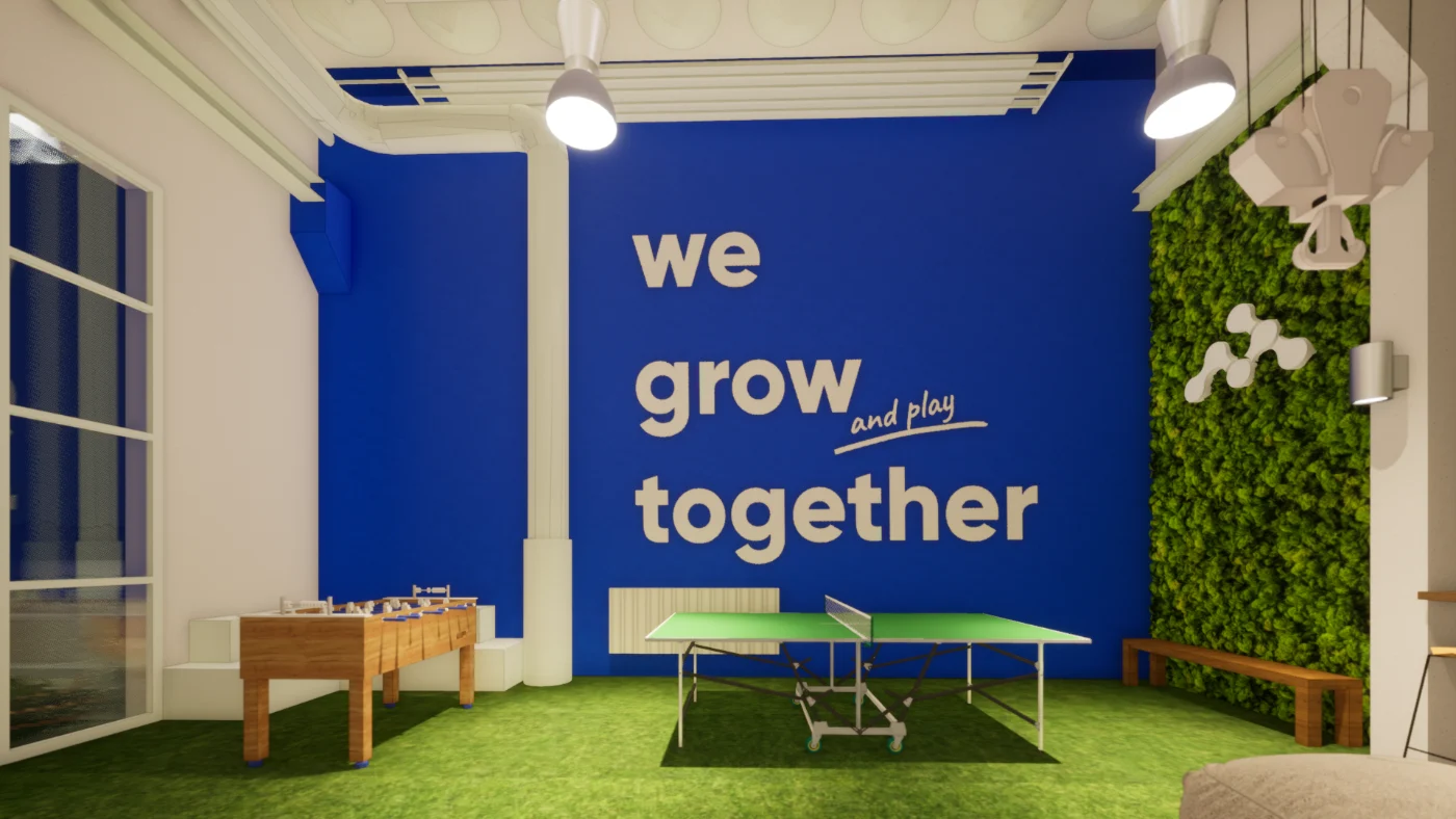 24SevenOffice: mural we grow together, parede de musgo e mesa de ping-pong no espaço de convivência