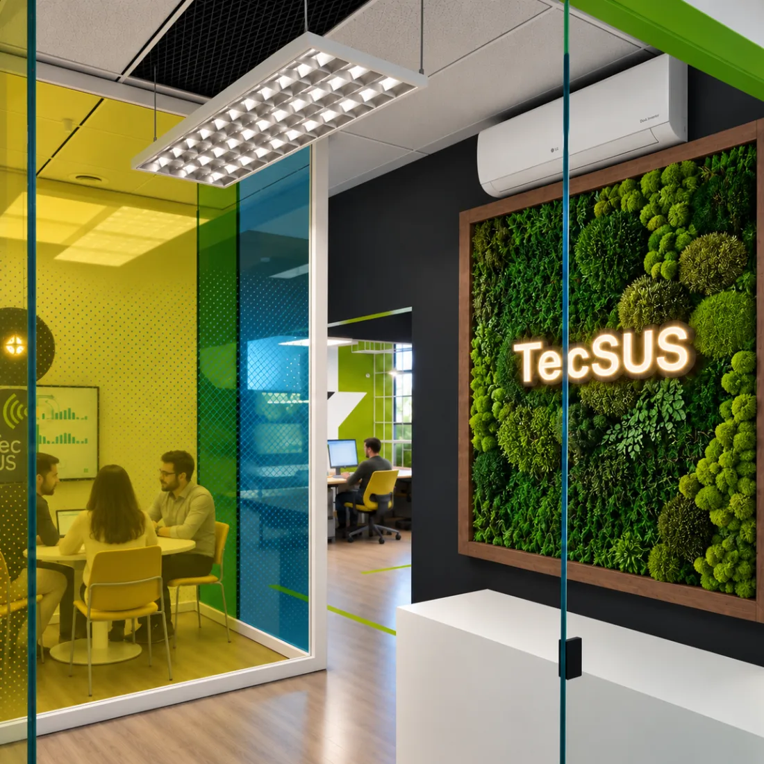 TecSUS: recepção com o painel da marca em verde sobre parede escura e balcão branco