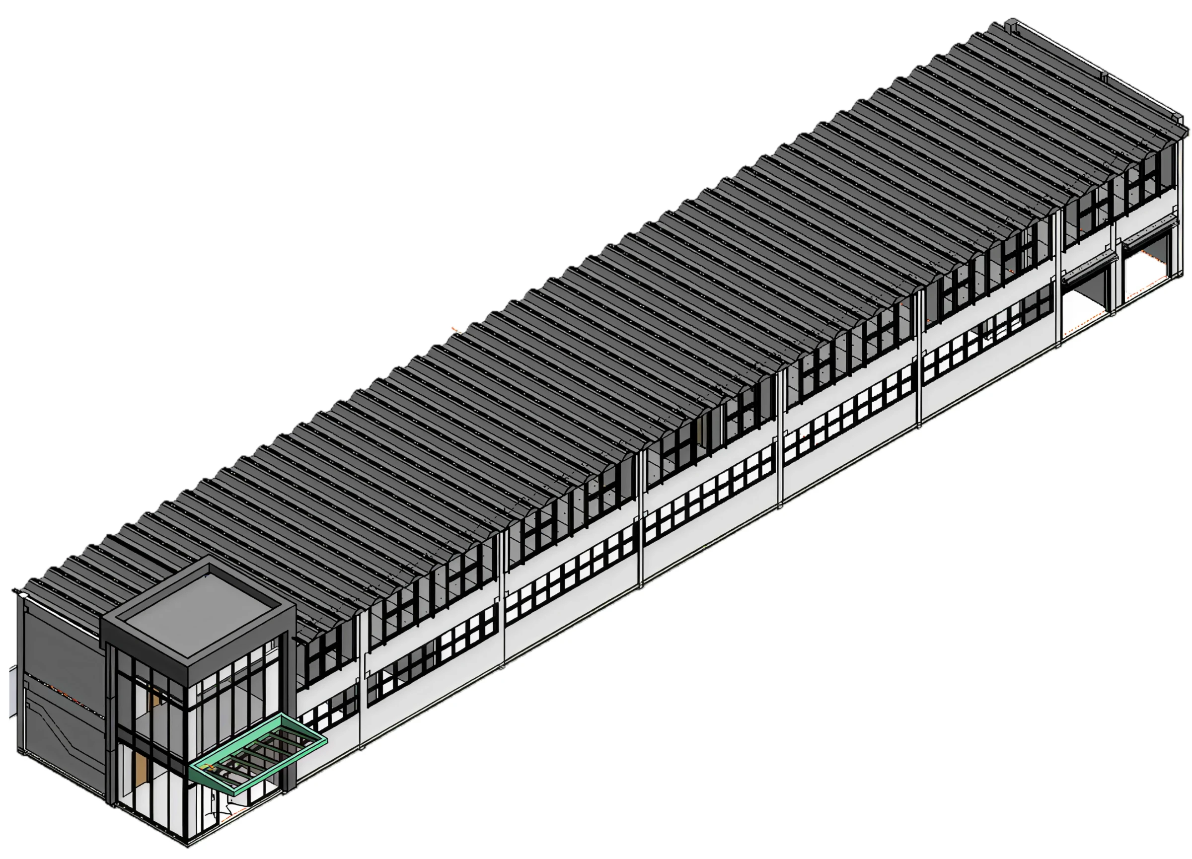 Modelo BIM da edificação em perspectiva, com o volume longo de dois pavimentos, a cobertura em sheds metálicos e a torre envidraçada de acesso com marquise