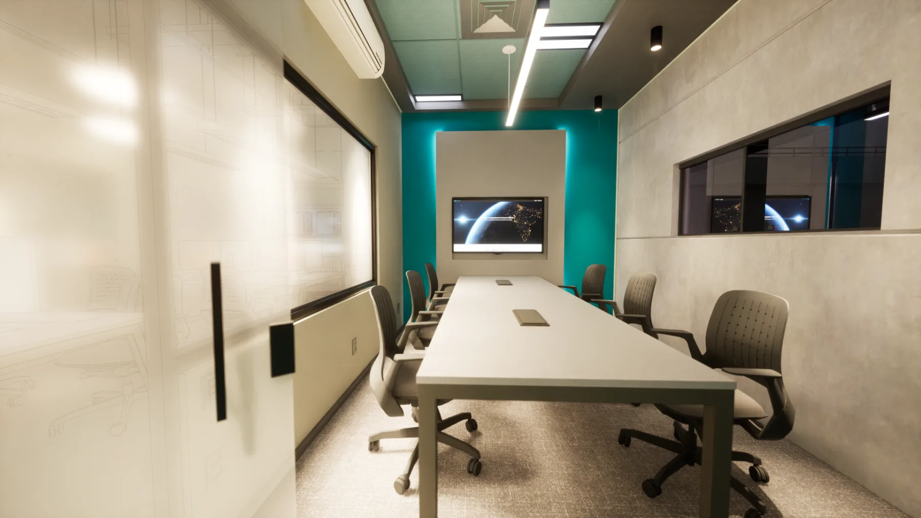 Sala de reunião com mesa longa, tela ao fundo sobre parede verde e vidro jateado com desenho técnico