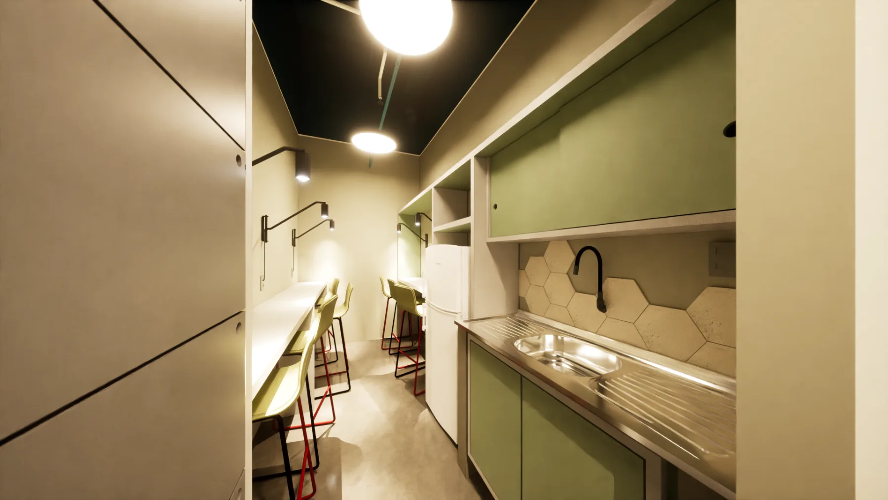 Copa estreita com marcenaria verde, bancada de inox, revestimento hexagonal e banquetas junto à parede
