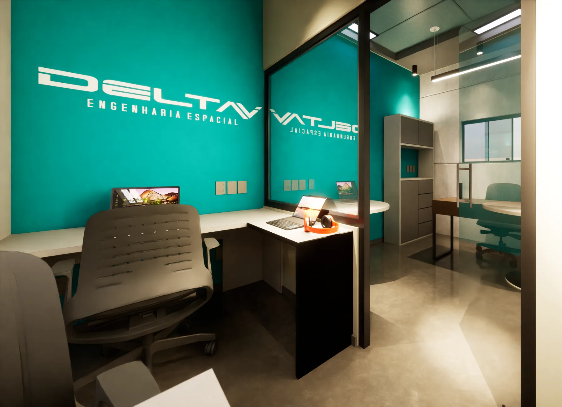 Sala individual com marca em grande escala sobre a parede verde, bancada em L e vidro para a sala vizinha