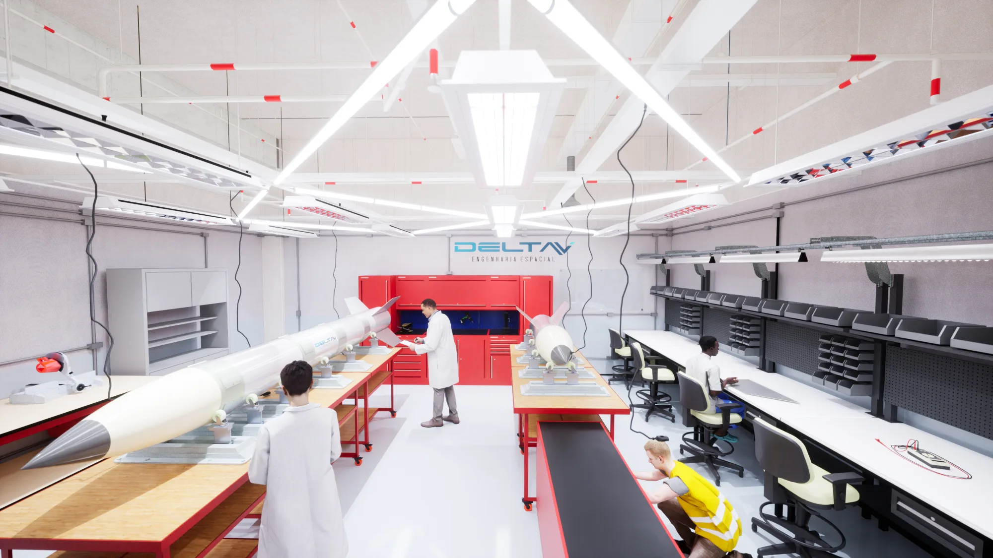 Centro de tecnologia DeltaV: oficina de integração com bancadas técnicas e área de montagem