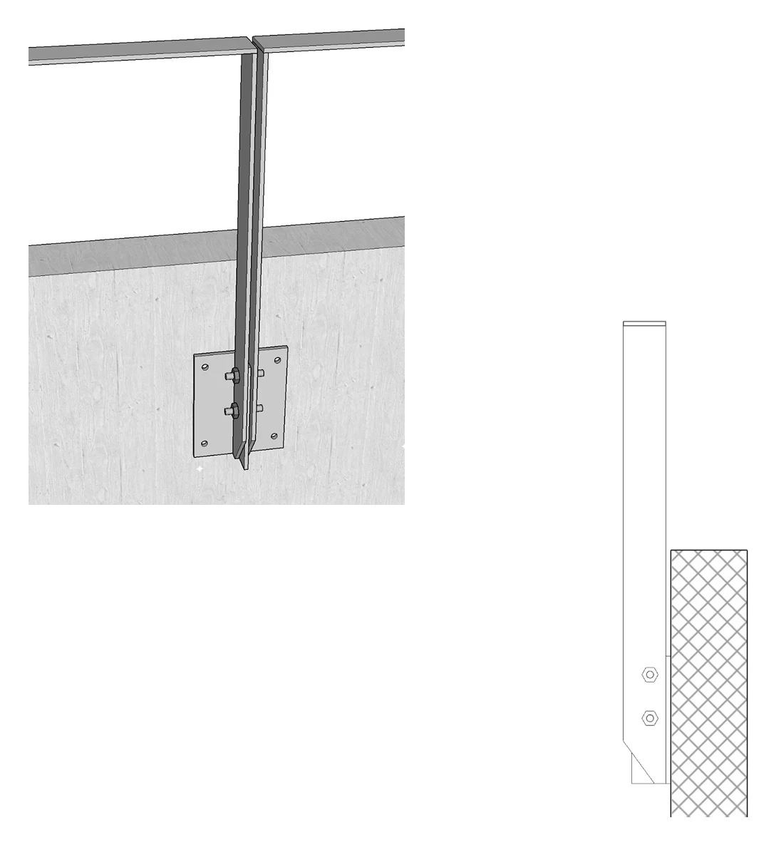 Detalhe de fixação do montante do corrimão na face da mureta, em perspectiva e em corte