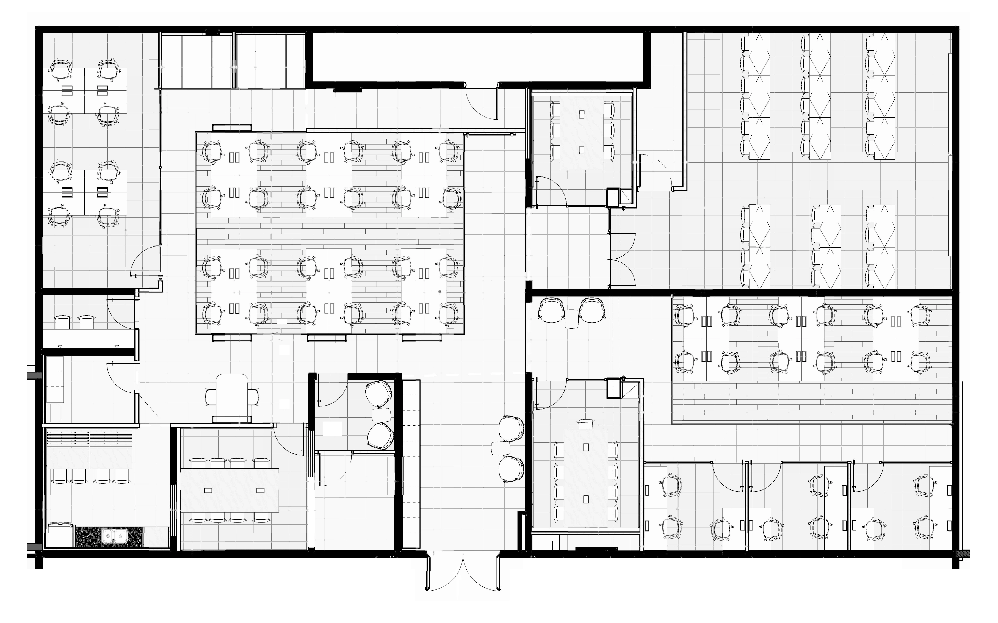 Planta de layout do programa GovTech, com coworking, salas de reunião, treinamento, call rooms, copa e apoio
