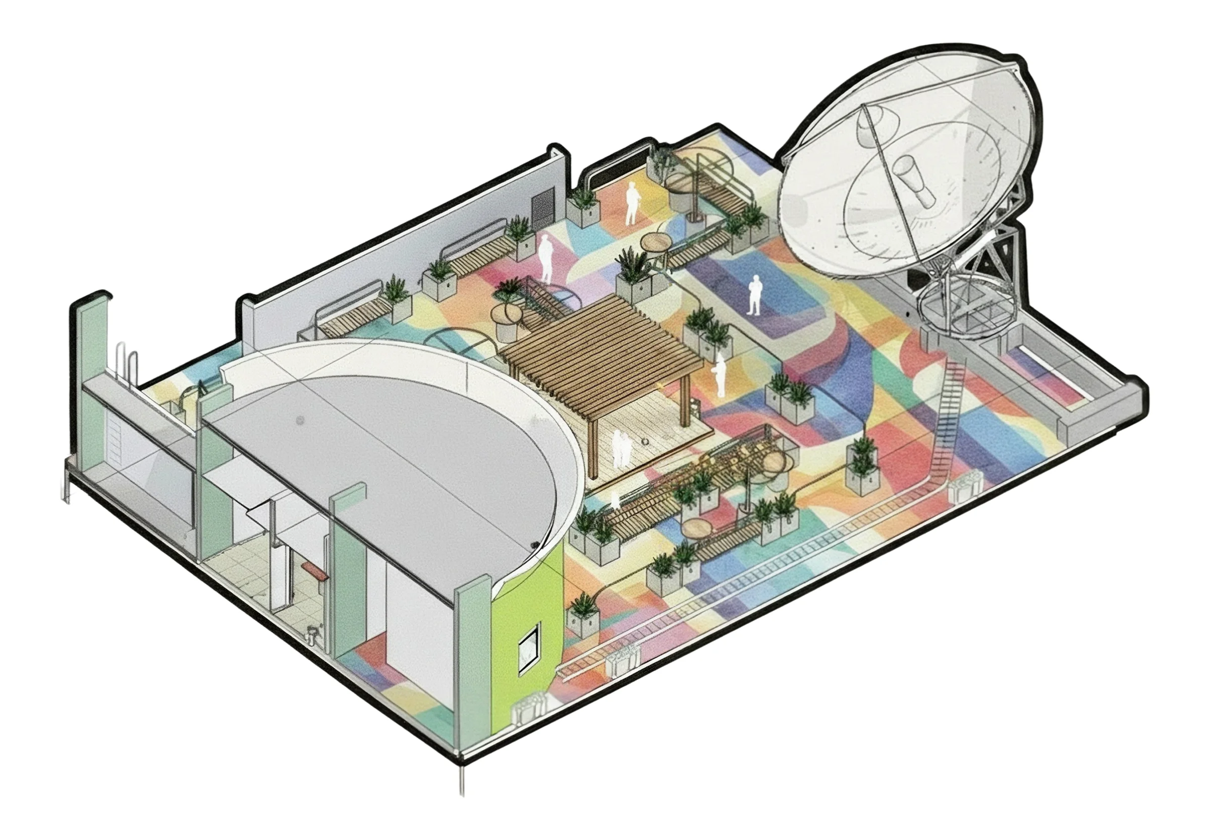 Ilustração axonométrica do terraço com a pintura de piso em manchas coloridas, o deck sob o pergolado, bancos, floreiras e a antena parabólica existente
