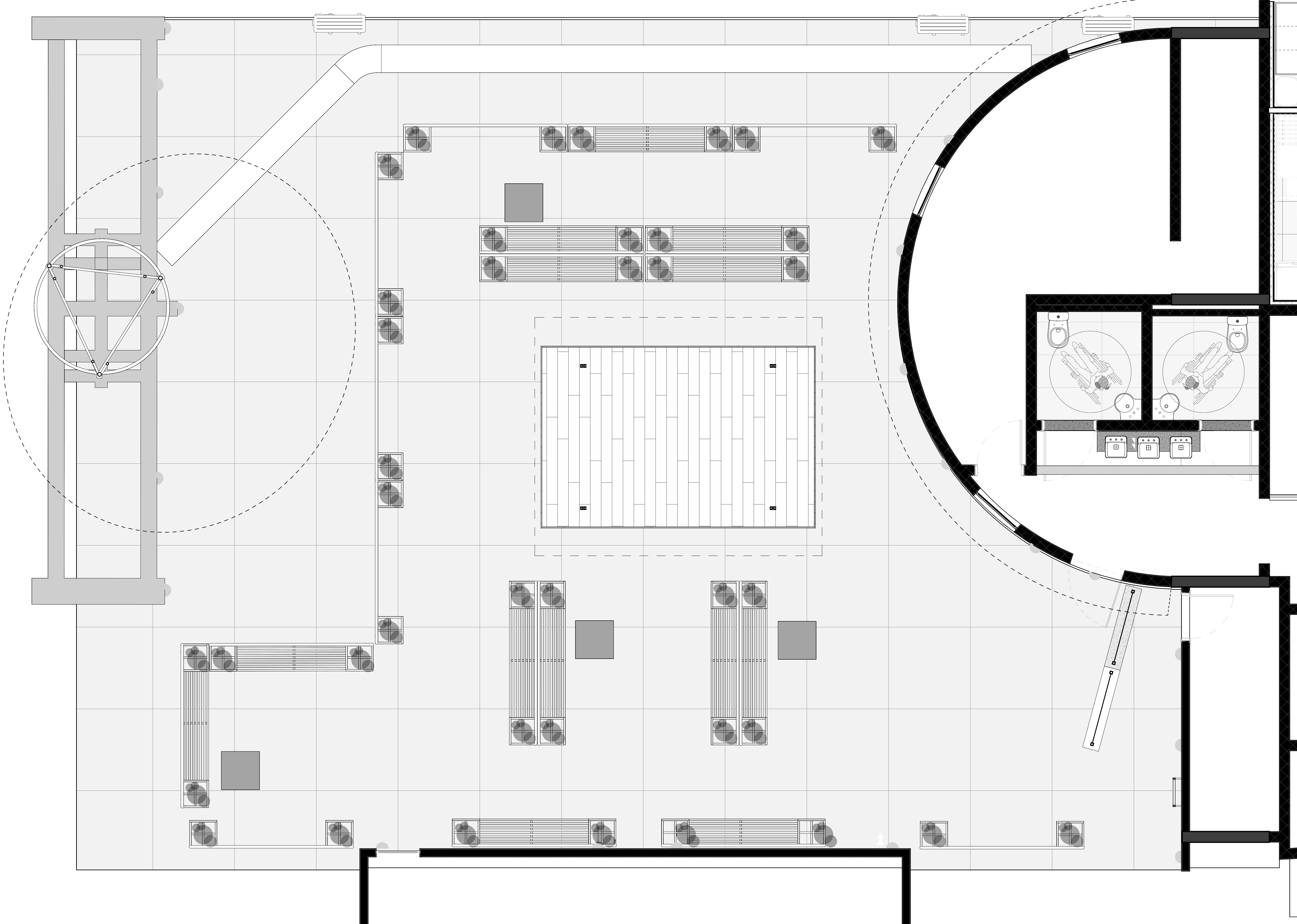 Planta baixa do terraço, com o deck sob o pergolado ao centro, os bancos e floreiras junto às bordas e a curva do hall à direita