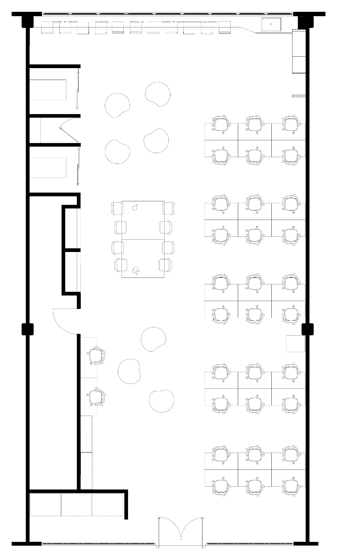 Planta de layout da fase 01: bancada de convivência junto à fachada, open space com estações, phone booths, sala de reunião e mesa de apresentação