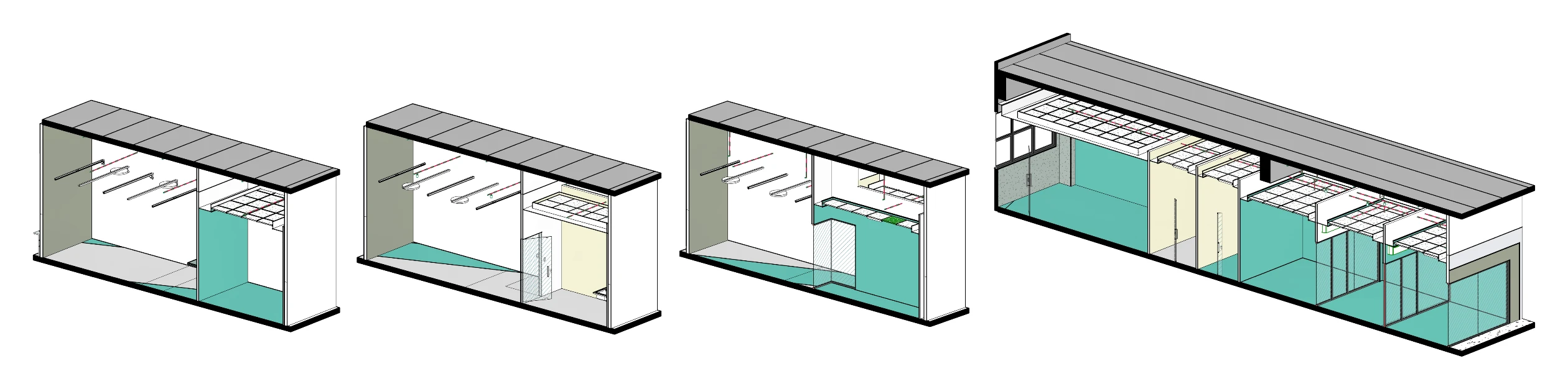 Sequência de isométricas em corte da ampliação, mostrando forro modular, instalações e salas revestidas em verde-água