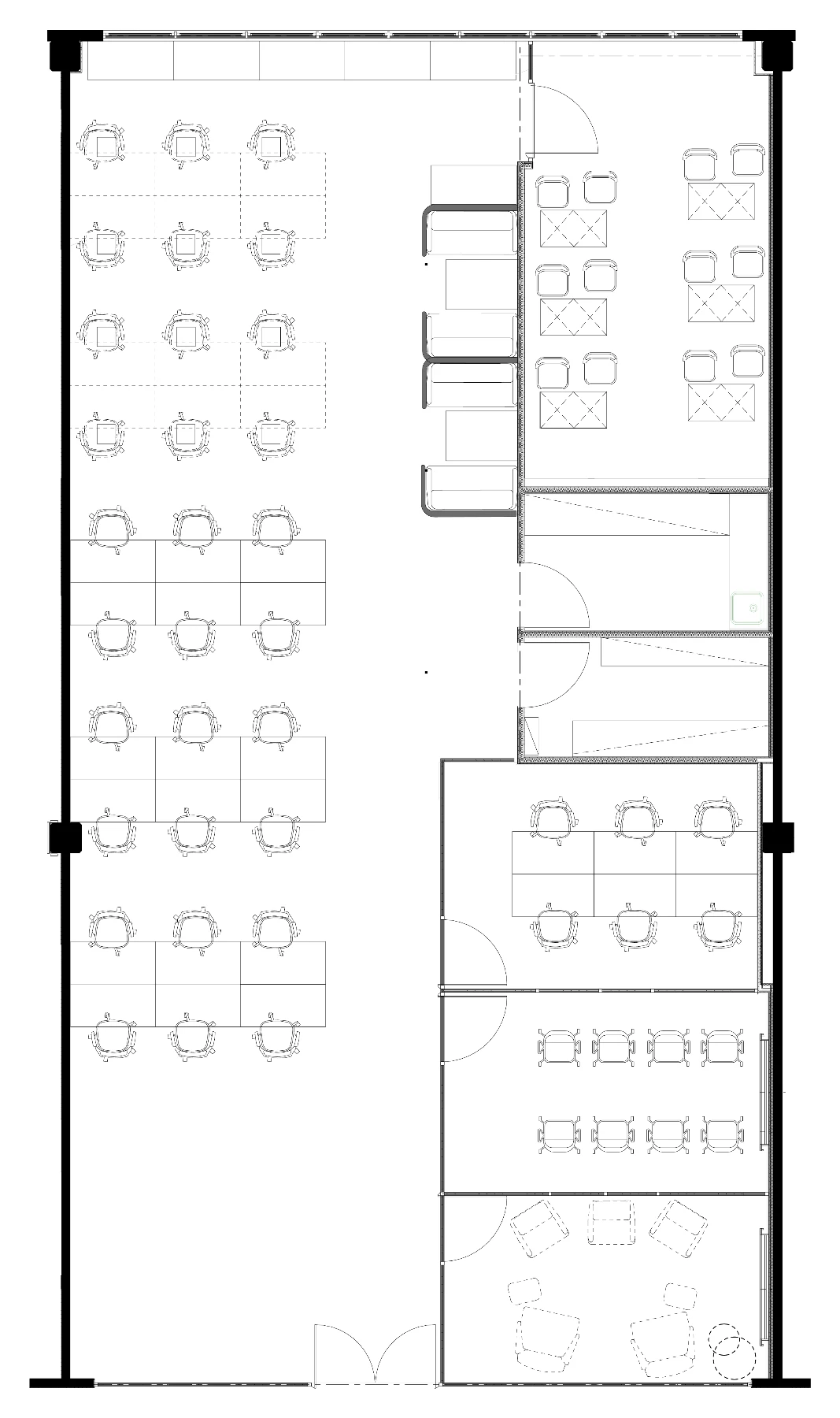 Planta de layout da fase 03: open space, salas de reunião, meeting, treinamento, lounge e apoio