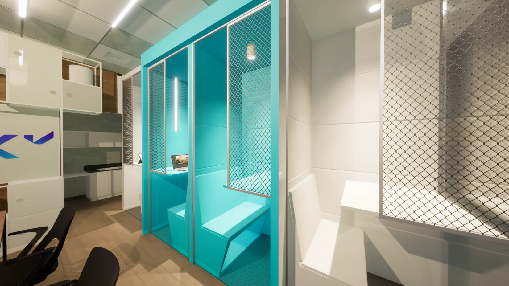 Par de phone booths em turquesa com tela metálica, iluminação linear interna e bancadas individuais para chamadas