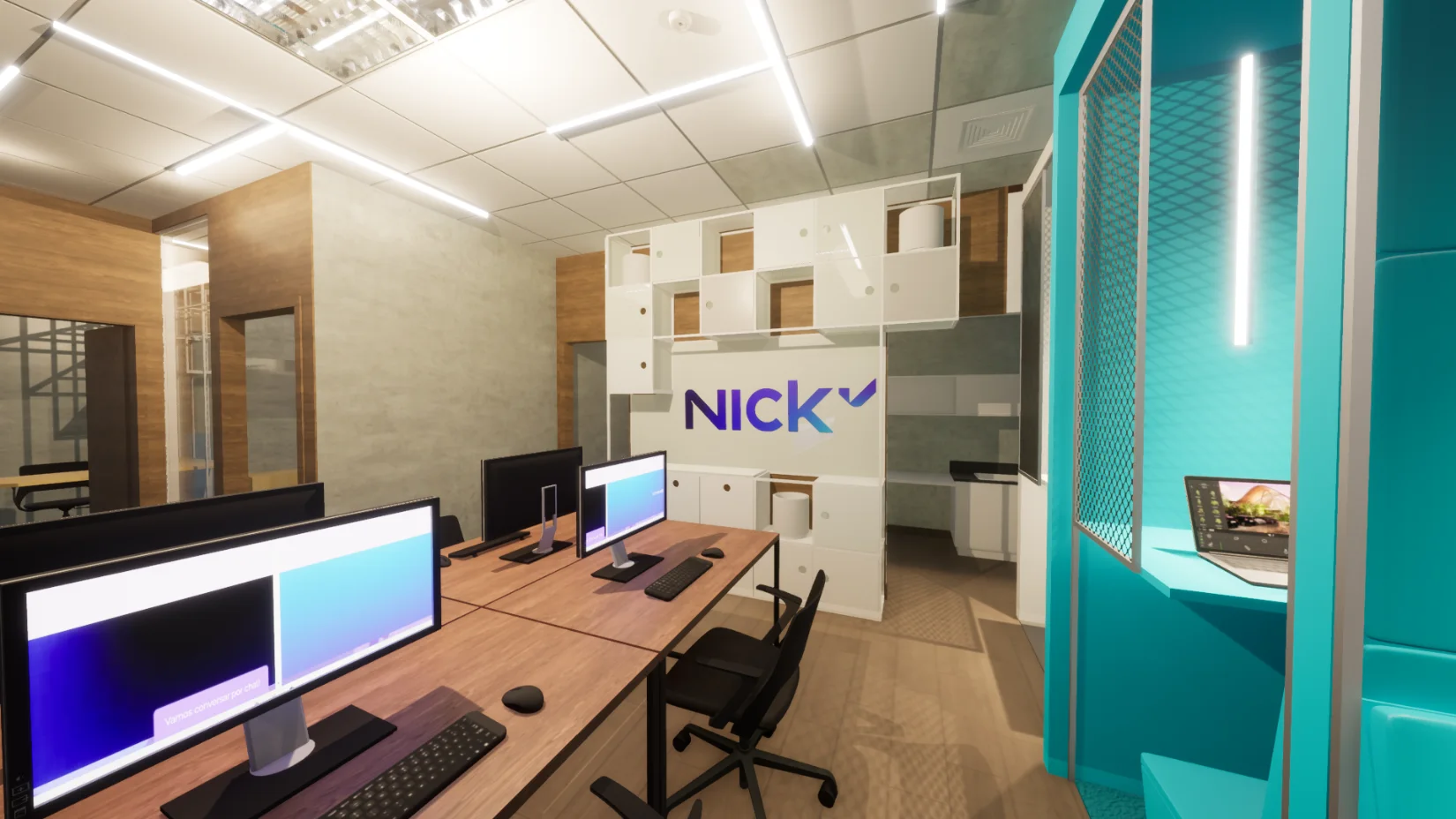 Estações de trabalho contínuas com monitores, marcenaria branca modular com a marca Nick aplicada e phone booth em turquesa ao lado