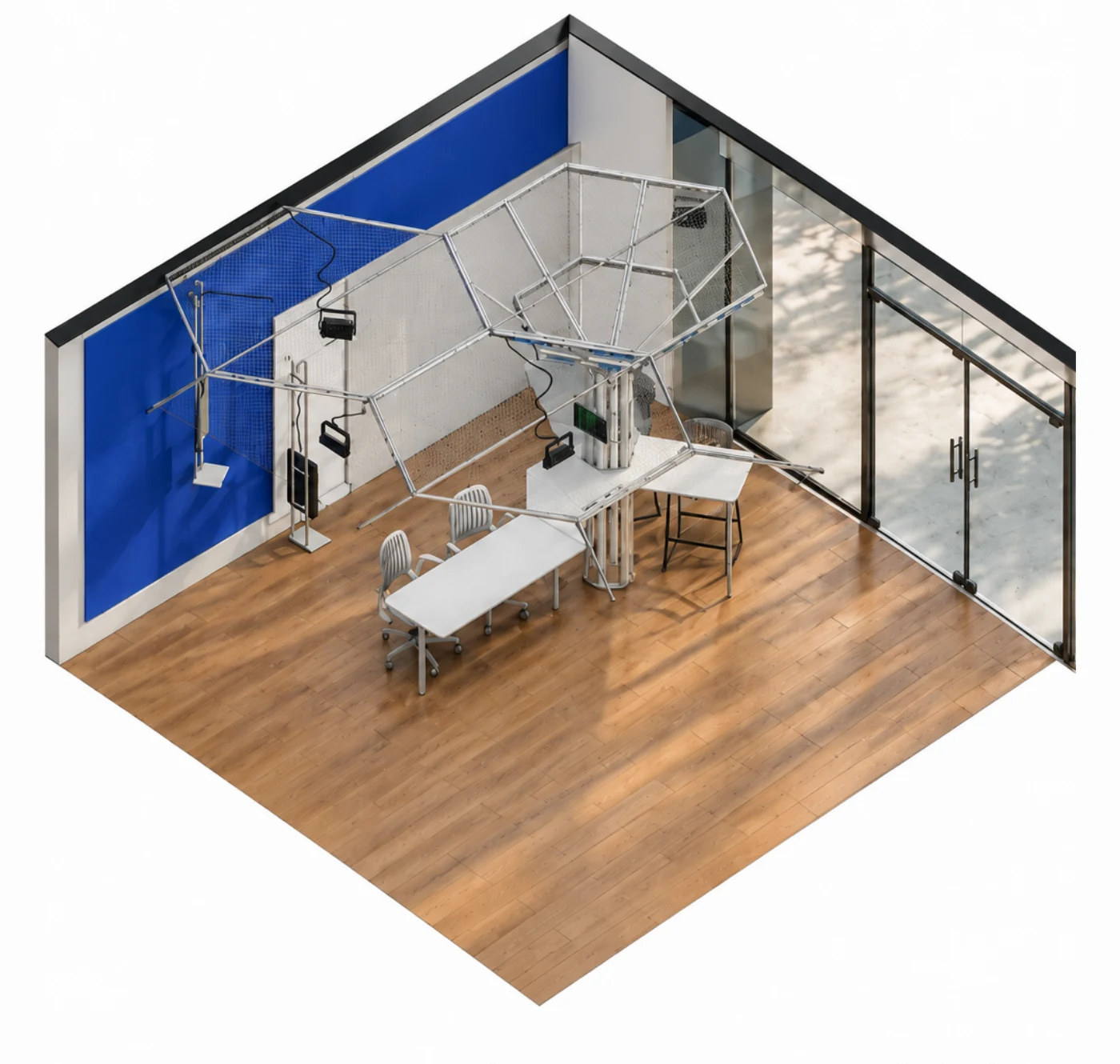 Axonometria do Living Lab pelo lado da fachada envidraçada, com a estrutura hexagonal em primeiro plano