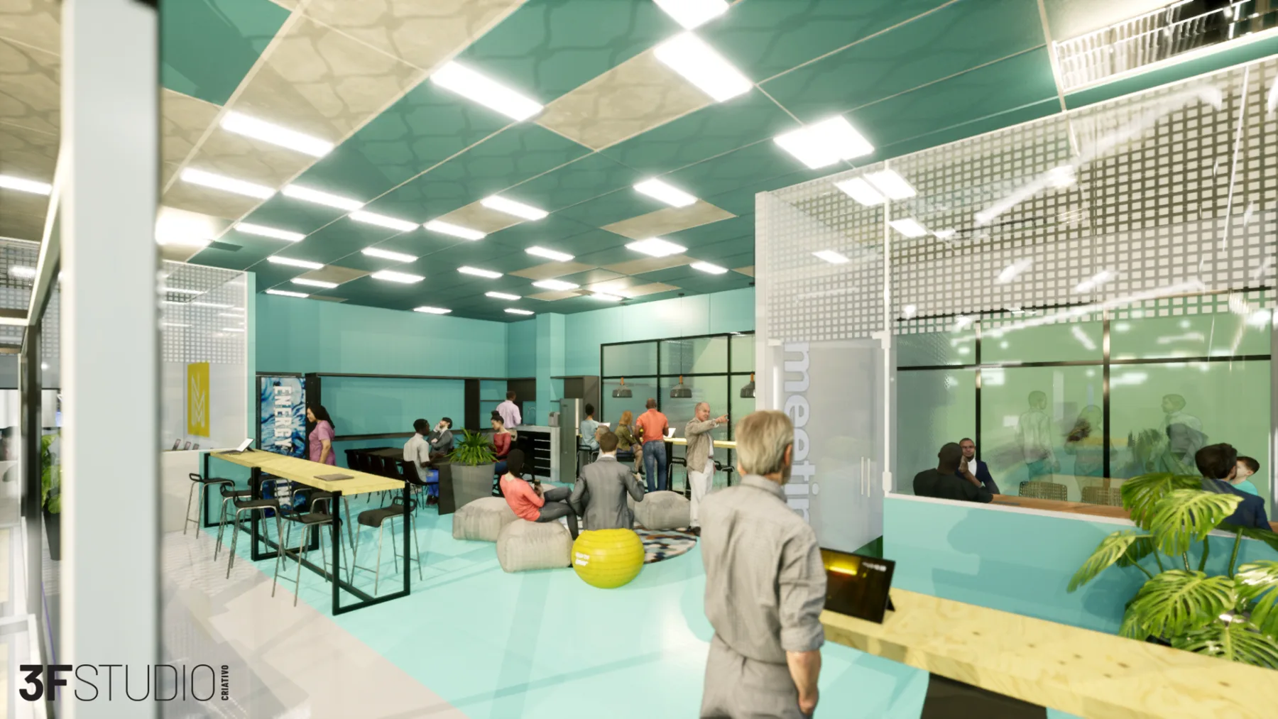 Estudo de projeto da área de convivência, com bancadas altas, pufes e cabine de reunião