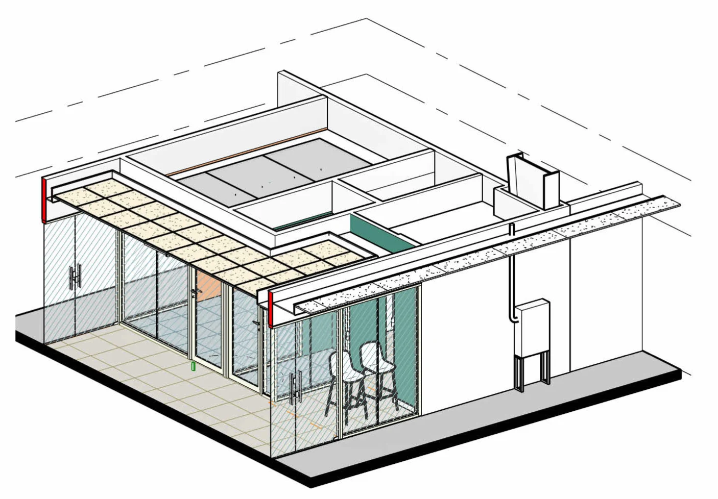 Vista isométrica da fase 01: fachada envidraçada, forro modular, sala de reunião e cabine para chamadas com banquetas
