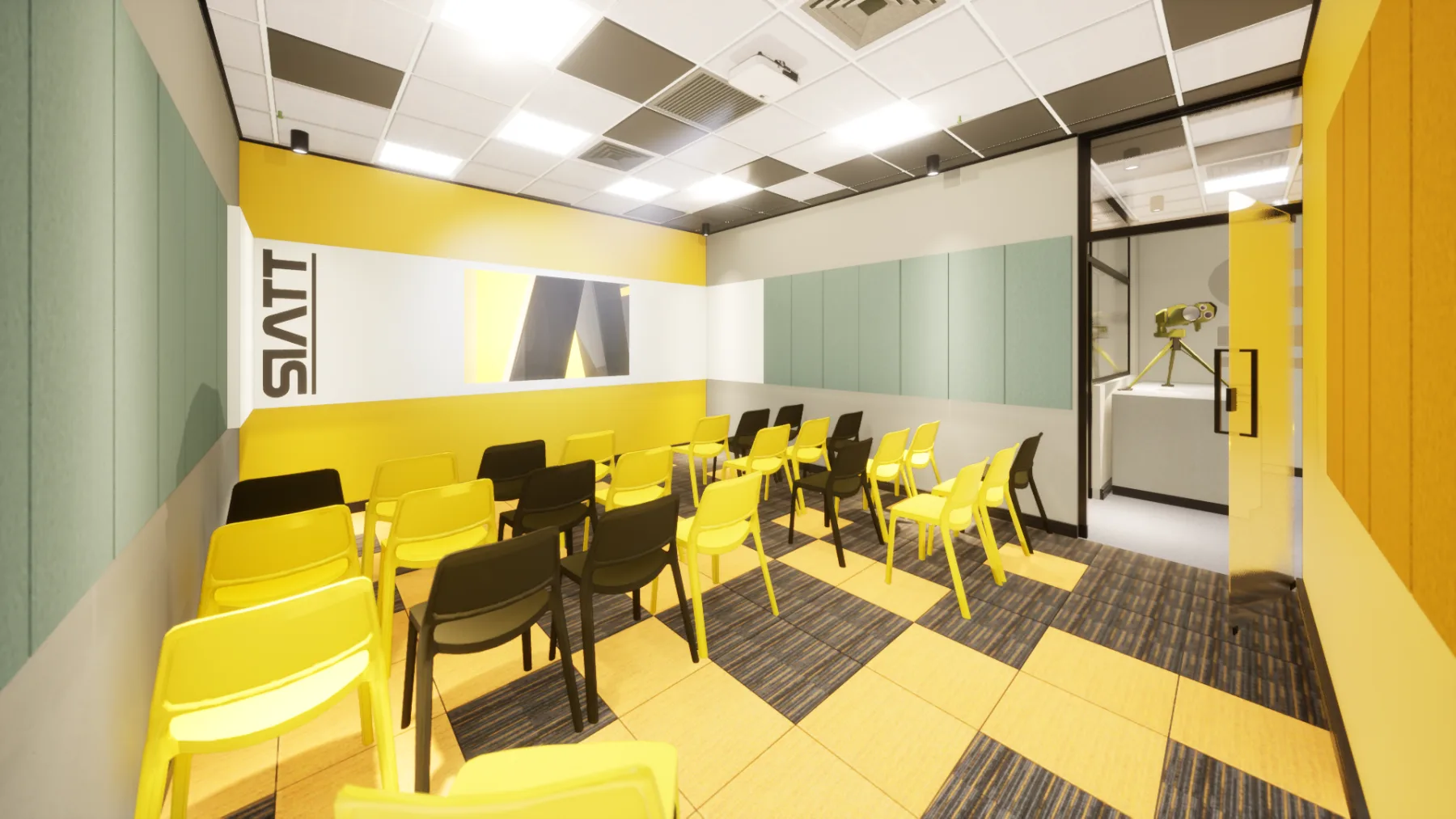 Estudo do espaço para workshops, com cadeiras soltas dispostas em fileiras diante da parede amarela com a marca SIATT
