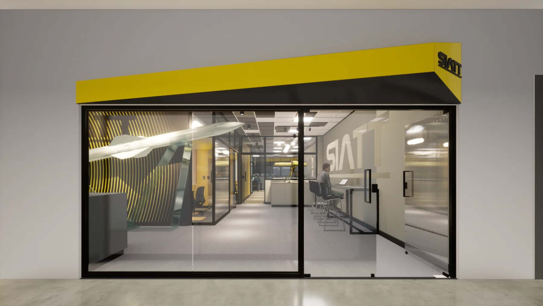 Estudo da vitrine de acesso ao SIATT Trade: fachada envidraçada, testeira amarela com a marca e showroom visível a partir da circulação