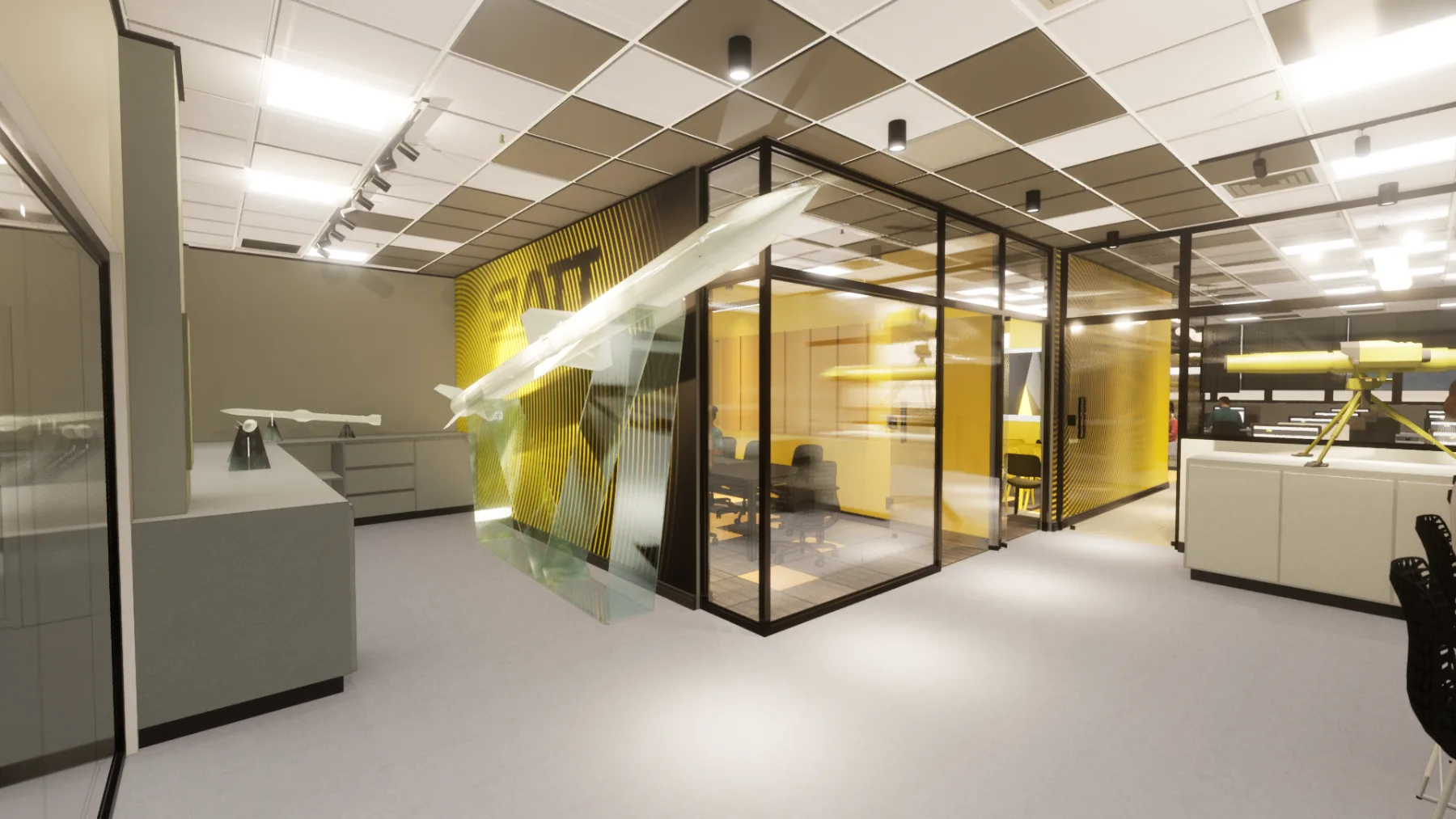 Estudo do showroom, com maquete suspensa, grafismo amarelo da marca e caixas envidraçadas de reunião ao centro