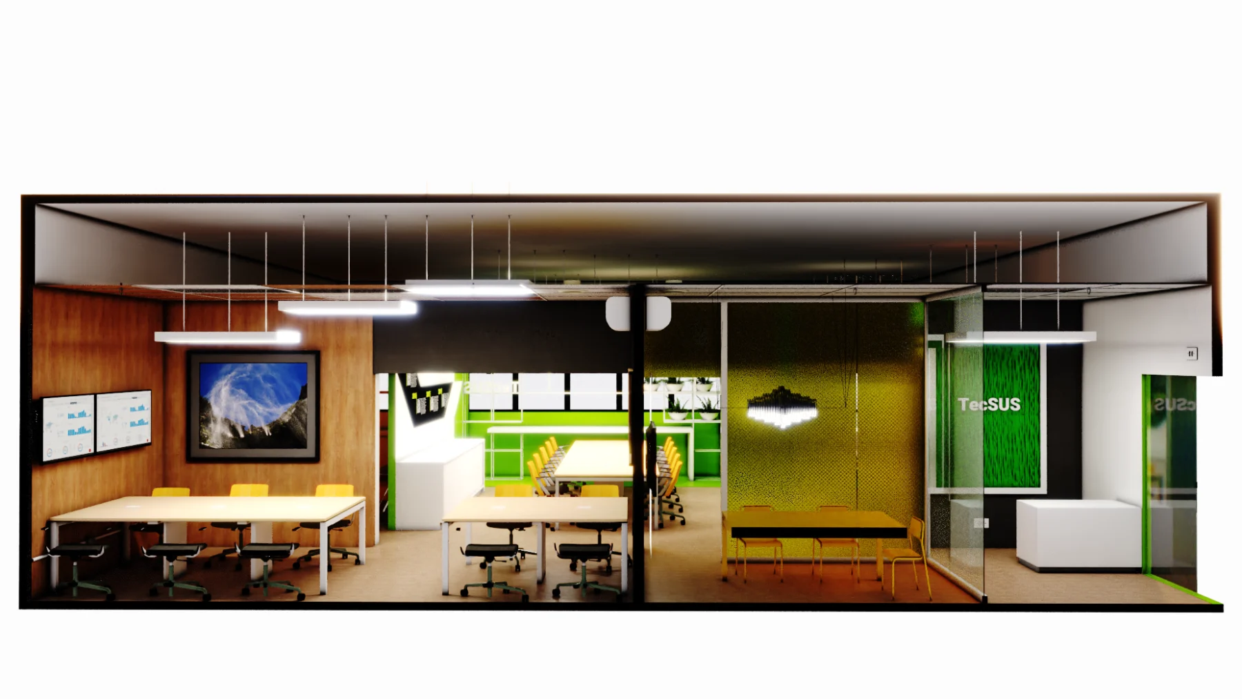 Corte da sede com a marca aplicada em verde, display expositivo e sequência de ambientes de trabalho e reunião