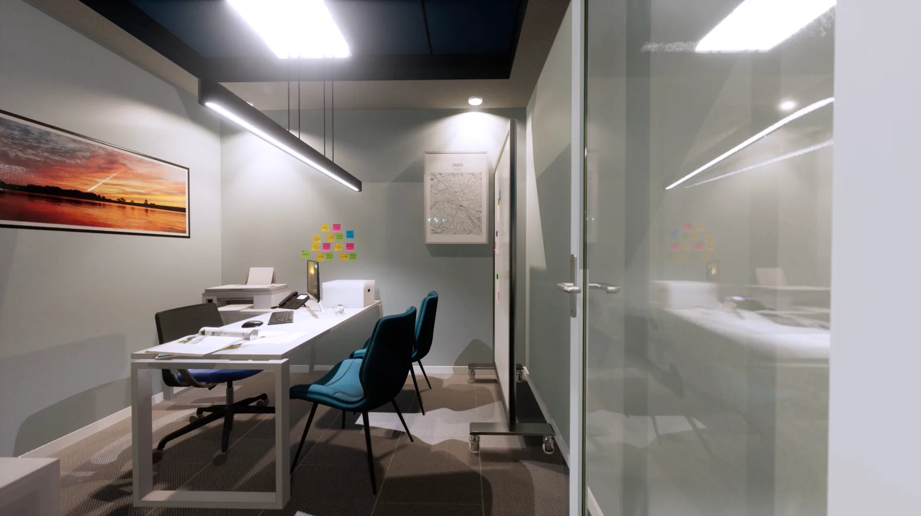 Sala de apoio individual com mesa de trabalho, cadeiras de visita e quadro móvel de anotações