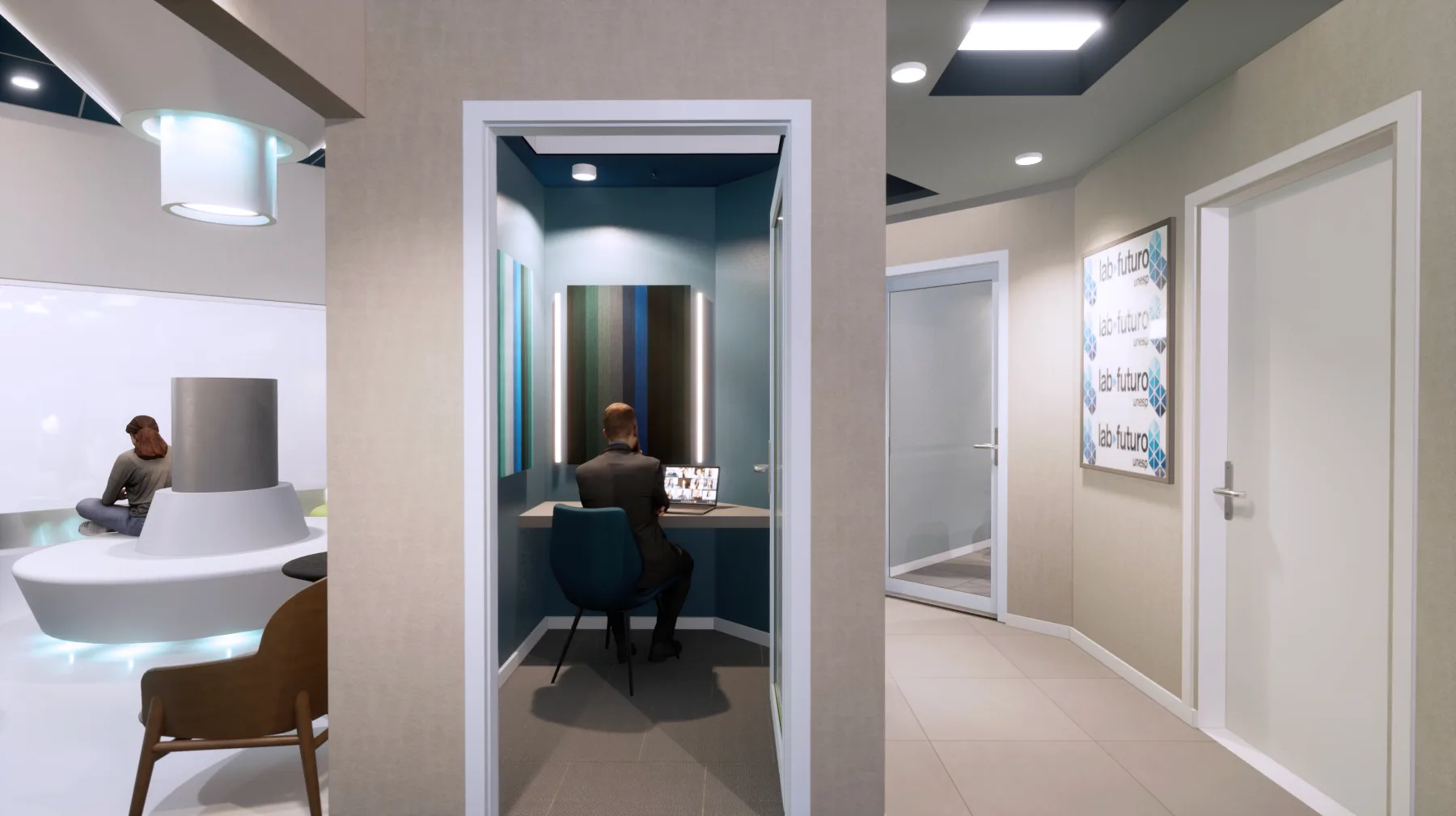 Cabine de foco para chamadas, com bancada, painel ripado colorido e iluminação vertical, junto à circulação sinalizada