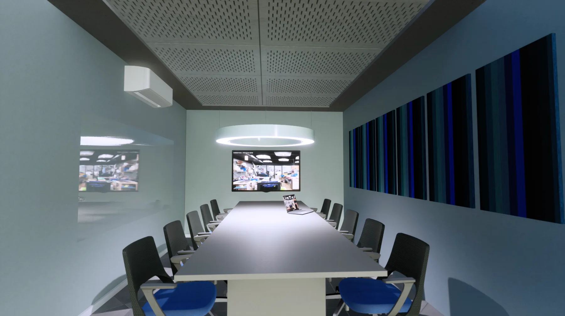 Sala de reunião ampla com mesa longa, luminária circular, forro acústico perfurado e painel ripado em tons de azul