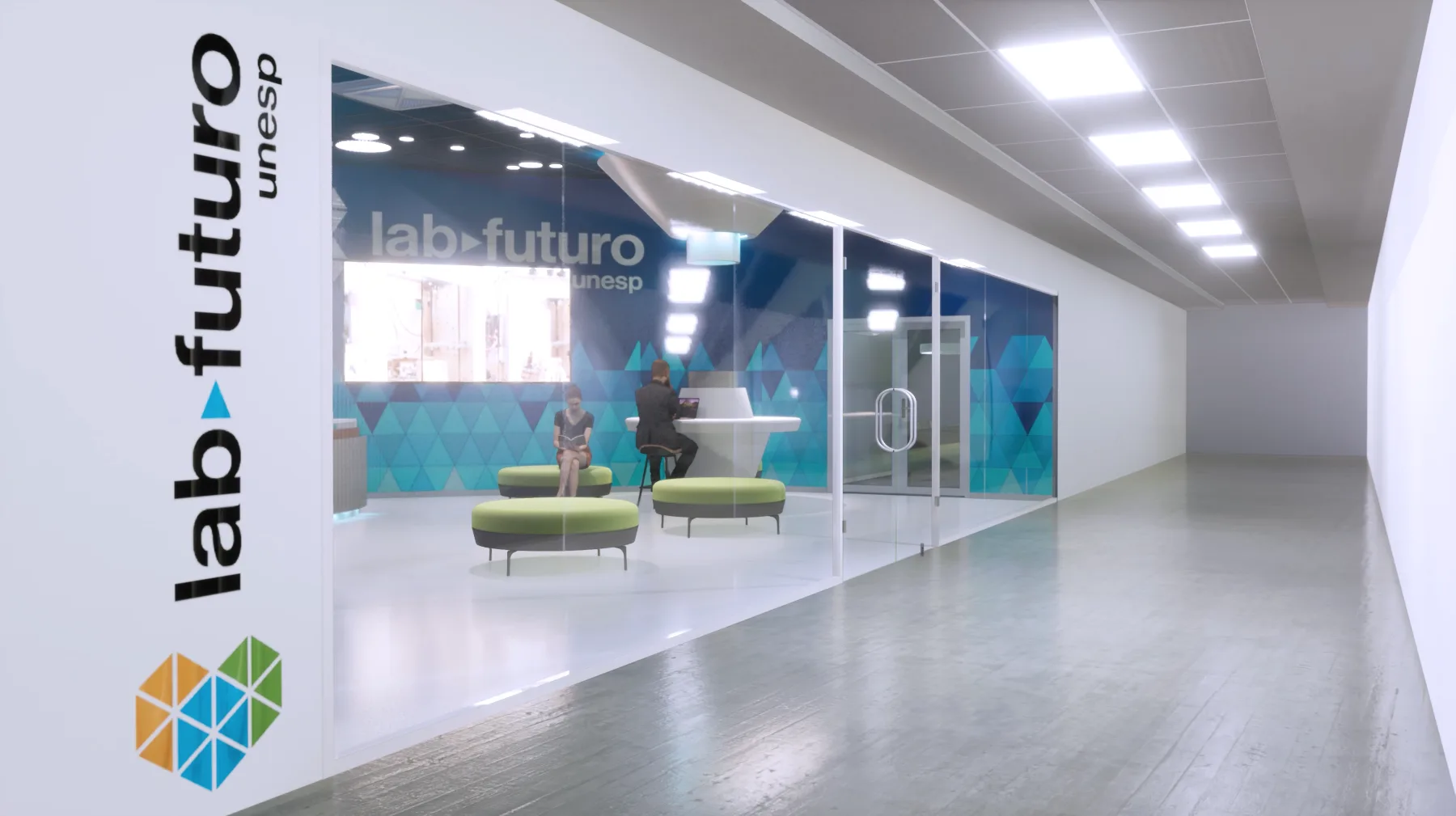 Fachada envidraçada do LAB do Futuro vista do corredor, com a marca em aplicação vertical e a recepção visível ao fundo