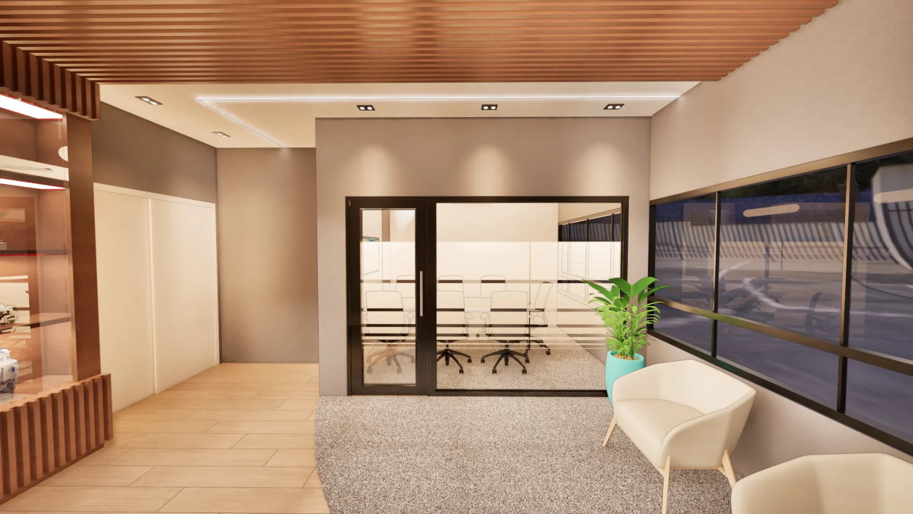 Área de espera com poltronas e tapete circular, voltada para a sala de reunião envidraçada