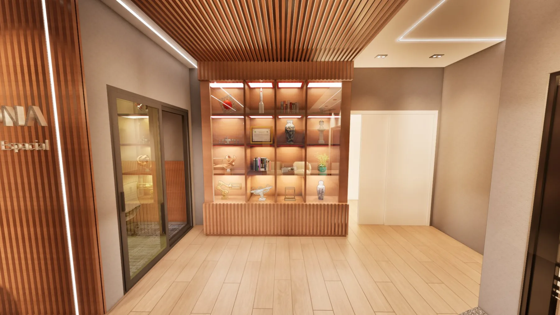 Vitrine institucional em quatro módulos iluminados, com peças e reconhecimentos da empresa, junto à cabine de reunião